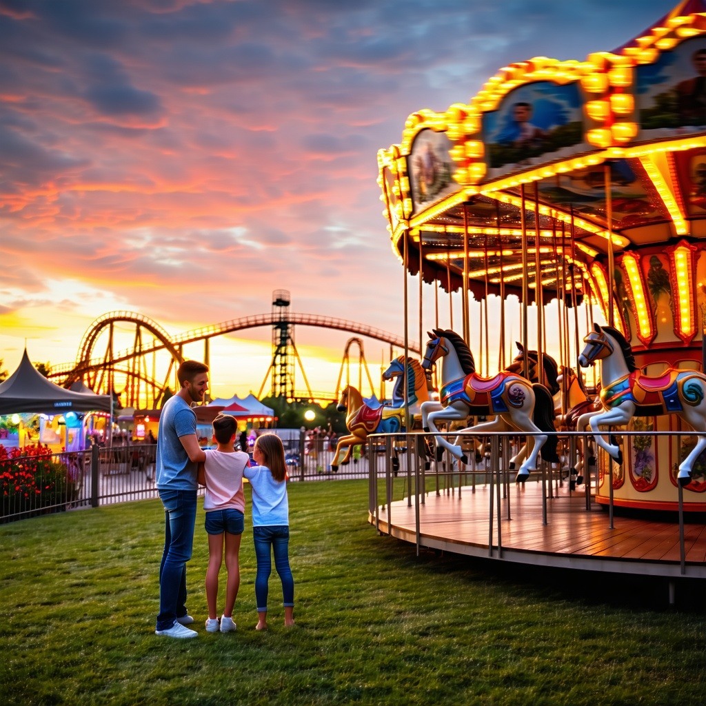 A serene landscape unfolds, dominated by a vibrant sunset casting a warm glow over an amusement park